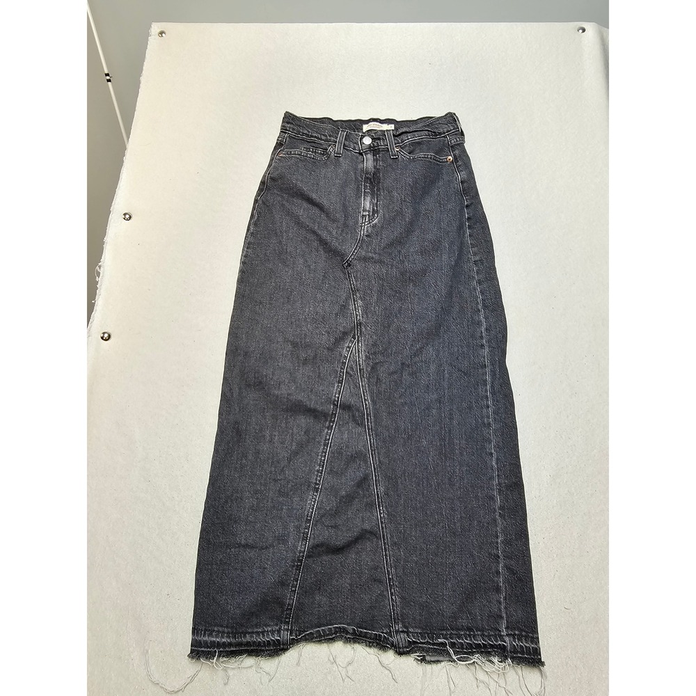 Levi Strauss Signature Black Denim Maxi Skirt Frayed Hem Size 0 High Waist Slit